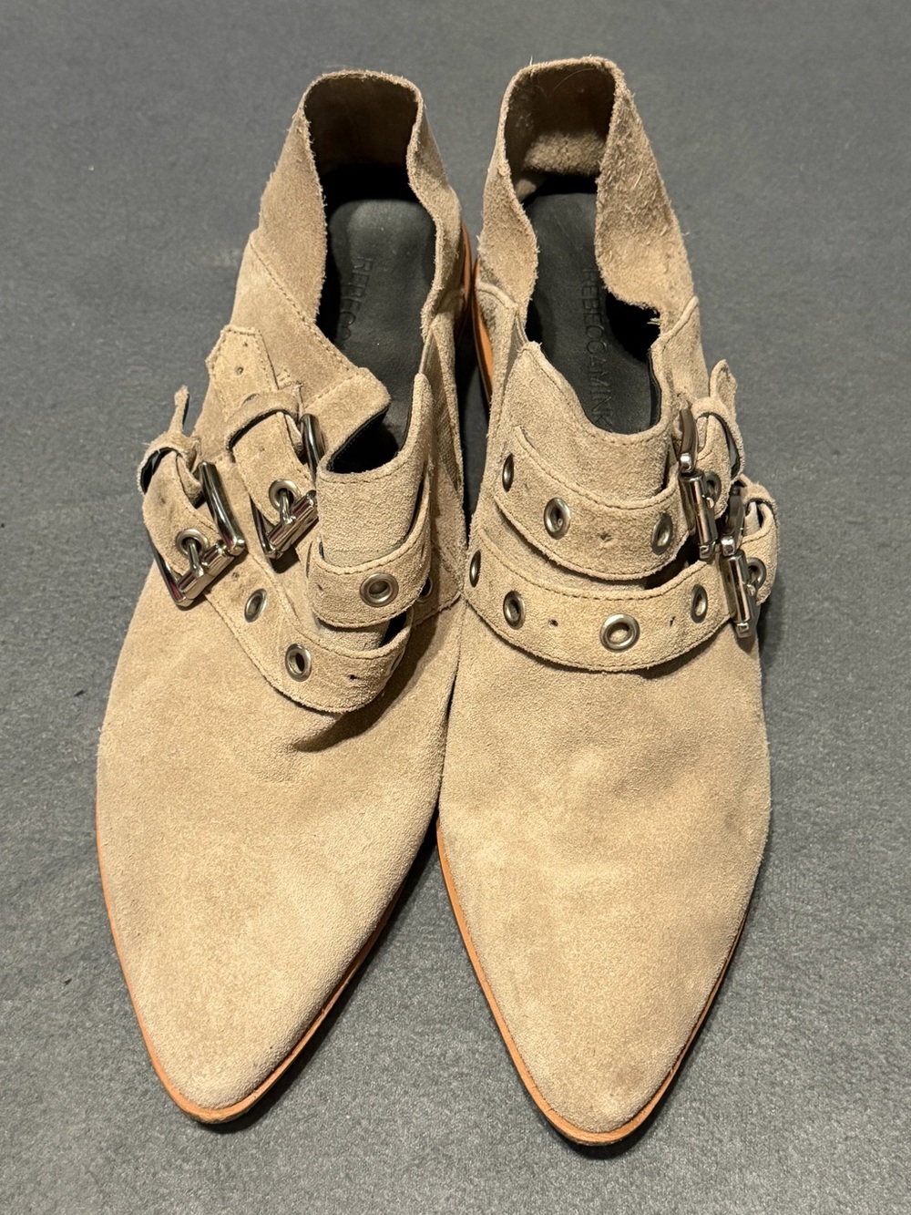 Rebecca Minkoff Austen Taupe Suede Pointed Buckle Ankle Booties Shoes
